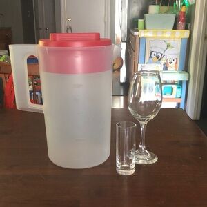 Plastic Beverage Pitcher with Red Lid, a Shot Glass & a Wine Glass Set